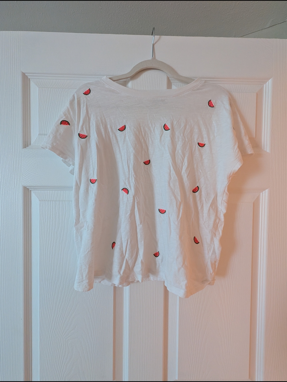 Boden White Short Sleeve Top with Red Watermelon Motifs